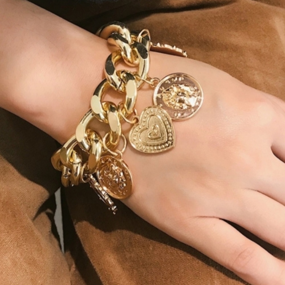 Chunky charm 18k gold pendant pennant chain bracelet portrait carv coin titanium - Picture 6 of 12
